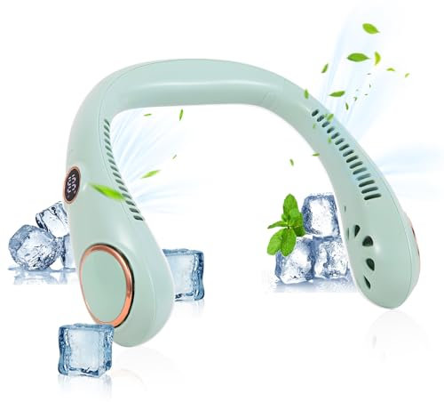 GALAXYER Neck Fan with Screen Display, Light Green USB Rechargeable Bladeless Cooling Fan, 3 Speeds Quiet Neck Cooler Personal Hanging Fan for Indoor Outdoor Travel Sports