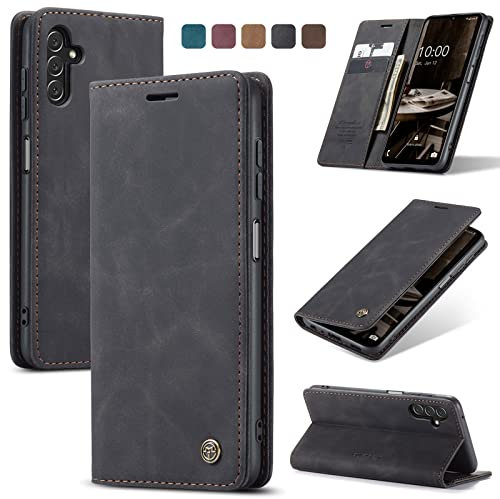 owlhold Handyhülle für Samsung Galaxy A14 4G/5G Hülle, Premium Lederhülle Weiches Vintage-Nubukleder Faltbare Ständer Klapphülle Kartenfach Standfunktion stoßfest Schutzhülle -Schwarz