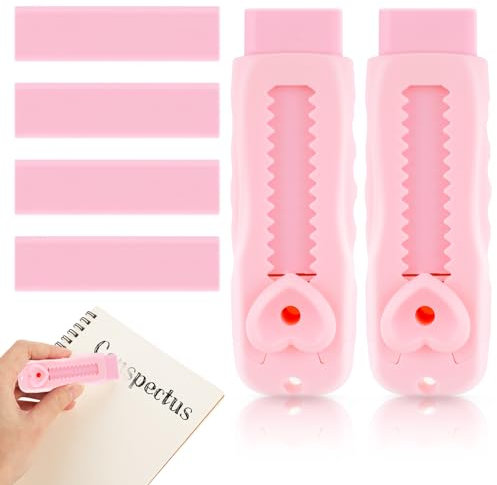 AOZUO Einziehbarer Radiergummi Stift, 2 Stck + 4 Stck Ersatz - Verschiebbarer Bleistift Radiergummi fr Schler (Rosa)