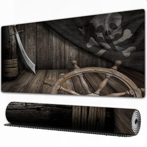 EOMKSE Mauspad Verlängertes großes Mauspad Schreibtischauflage,genähte Kanten Mauspad,Gummibasis,Schiffsrad-Dekor, Lenkrad mit alter Jolly-Roger-Flagge und,Gaming-Mauspad,40x90 cm