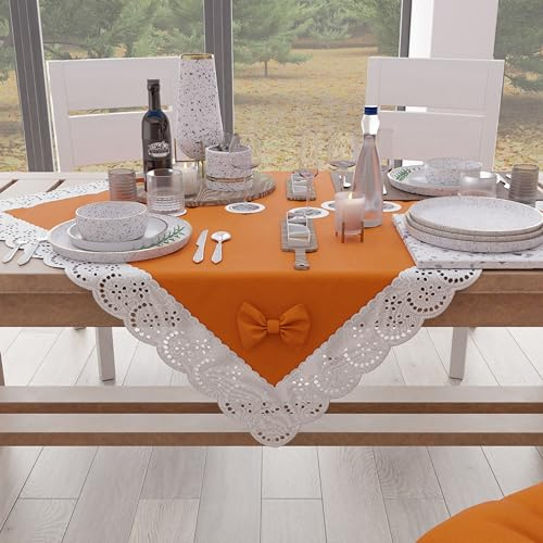 PETTI Artigiani Italiani - Elegante Tischdecke aus Baumwolle für Küchentisch, Wohnzimmer, Esszimmer, einfarbig mit Rüschen aus Spitze mit Fransen und Schleifen, Orange 95 x 95 cm