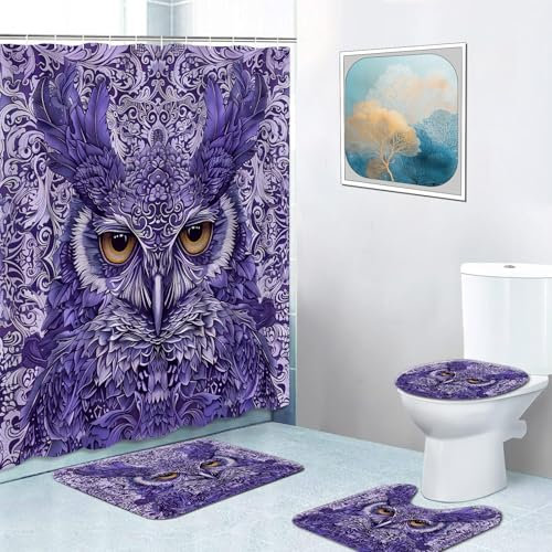 MIEPOS Eule Duschvorhang-Set mit zarter Feder, lila, Badezimmer-Sets – wasserdichtes Polyester, mysteriöse Vorhänge, 183 x 182 cm, rutschfeste Badematte, U-förmiger Teppich und WC-Deckelbezug,