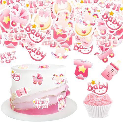Blumomon 40Pcs It's a Girl Edible Cupcake Toppers Pacifier Jumpsuit Cupcake Decorations Edible Girl's Birthday Cake Decorations for Baby Shower Girl Birthday Gender Disclosure Theme Party Supplies