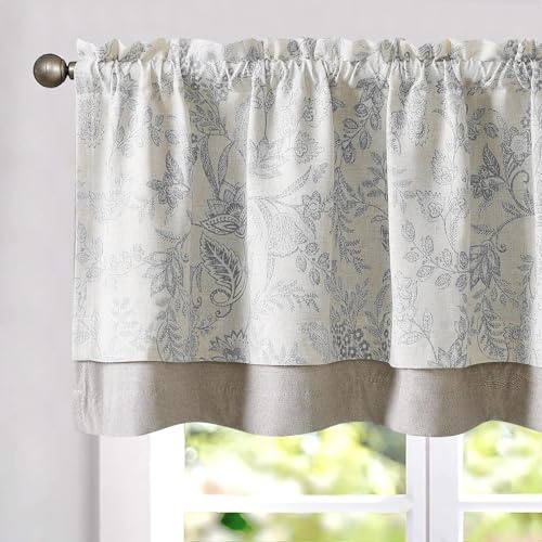 TOPICK Floral Cafe Curtains 18 Inch Drop, Double Layer Short Kitchen Curtain for Small Window, Rod Pocket Pelmet Valance for Bedroom, Sink, Living Room, Cupboard, 1 Panel Grey on Beige, W50xL18 inch