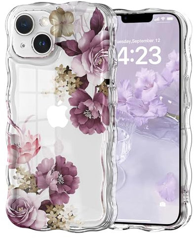 Micoden Cute Curly Wave Case for iPhone 13,Clear with Anti-Yellowing Flower Floral,Soft TPU Slim Bumper Shockproof Anti-Scratch Protective Wavy Cover for Girls Women-Purple
