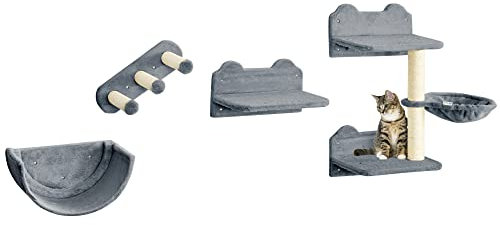 PawHut Estante de Escalada para Gatos de Pared Juego de Estantes para Gatos 4 Piezas con Hamaca Nido Rascador Plataformas para Saltar y Poste de Sisal Gris