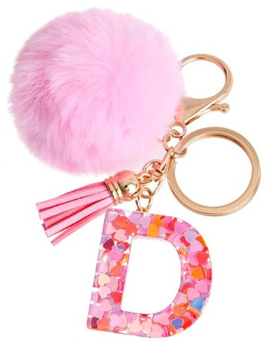 Vorysum Porte-clés rose avec initiale lettre porte-clés boule de poils porte-clés fille initiale cadeau gland or -porte clef femme-D