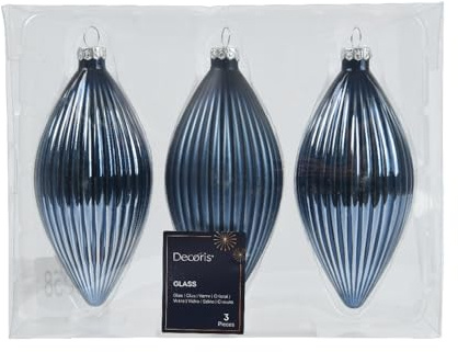 Decoris Christbaumkugeln 3er Set Oliven-Zapfen Nachtblau aus echten Glas - Glanz und Matt, dia6cm H.13cm - 3 STK. a 13,0 cm