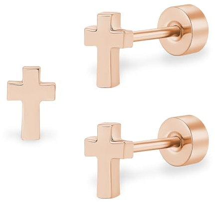 ZDE Titan Frauen Flatback Ohrringe Himmlische Blitz Bolzen Damen Ohrringe 5mm flach zurück CZ Ohrring hypoallergen Knorpel Flatback Ohrring Tragus Helix Tragus Conch Piercing (Cross-Rose Gold-DE)