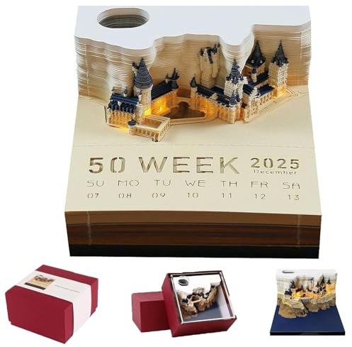 3D Kalender Abreißen 2025, 3D Tischkalender-Notizblock Papier Schnitzen, Magic Castle Wochenkalender mit Licht & Stifthalter, Geschenk für Weihnachten Housewarming Desktop-Ornament Dekoration