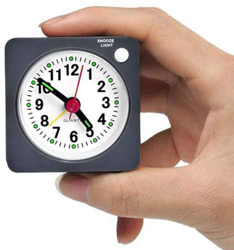 Tisaika Mini Size Travel Alarm Clocks Bedside Non Ticking Battery Powered Small Clocks Silent Analog Clock for Bedroom Backpacking with Snooze and Nightlight