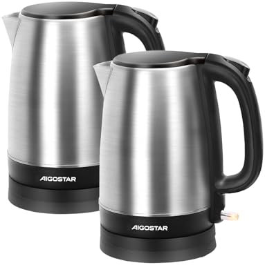 Aigostar Milo - Hervidor de Agua Eléctrico Pequeño, Hervidor de Acero Inoxidable de 2200W, 1,7 litros Tetera Electrica, Protección contra ebullición en seco y Apagado automático, Negro, 2 Pack