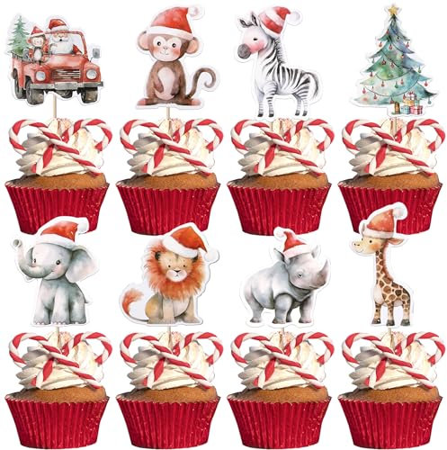 Xsstarmi 40 Pack Jungle Safari Animal Christmas Cupcake Toppers Hat Christmas Tree Cupcake Picks for Wild Animals Birthday Baby Shower New Year Christmas Party Cake Decorations Supplies