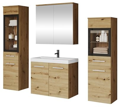 Mirjan24 Badmöbel Set Madrit II mit Waschbecken und Siphon, Komplettprogramme für Spiegelschrank, Waschtisch, Hochschrank (San Remo, ohne Beleuchtung)