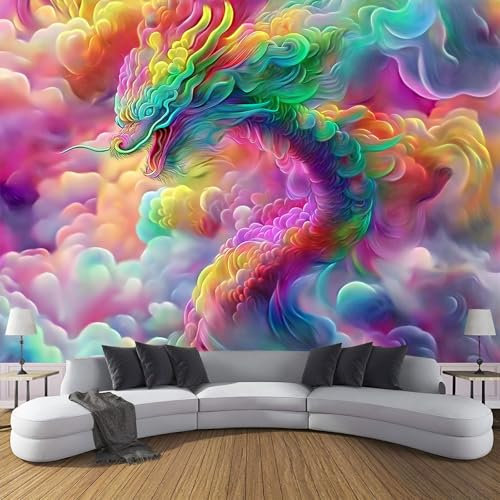 Fototapete 3D Effekt Dekoration Wandbild, Farbe Drache Tapete ‎150X105Cm (B×H) Seidenstoff Tapete Psychedelisch Wolken Wandtapeten, 220G/M2 Fototapete Moderne Panorama Wanddeko