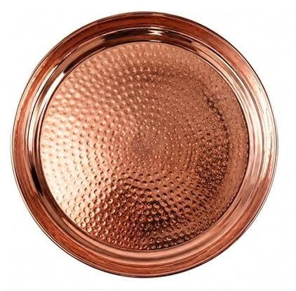 BishtHub Plato de cobre puro Thali, forma redonda, plato Pooja tradicional indio, utensilios de cocina de cobre, 9 pulgadas de diámetro