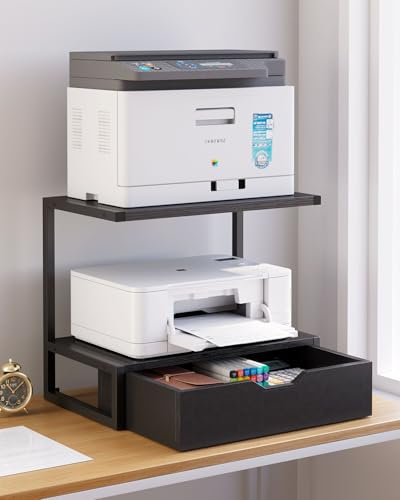IBUYKE Soporte para impresora de escritorio de 2 niveles, mesa de impresora con estante de almacenamiento, organizador de escritorio multiusos para carpetas, libros, para máquina de fax, escáner