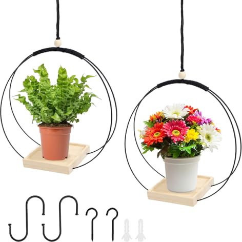 KVXXVX 2 Stück Blumenampel Hängend Innen Außen Metall Blumenampel Schwarz mit Hölzernen Basis Pflanzen Hängeampel Outdoor Hängetopf für Pflanzen