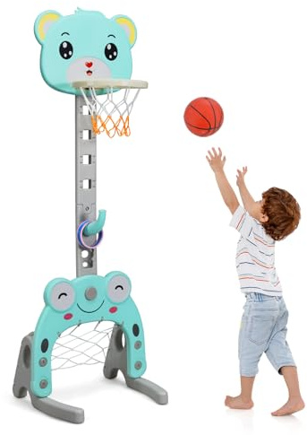 HOMASIS 3 in 1 Cestino Basket Bambino Interno, Giochi Esterno Bambino con Gioco Dell'Anello, Pallacanestro e Calcio, Set da Basket Portatile e Regolabile con Punteggio per 2-5 Anni (Ciano)