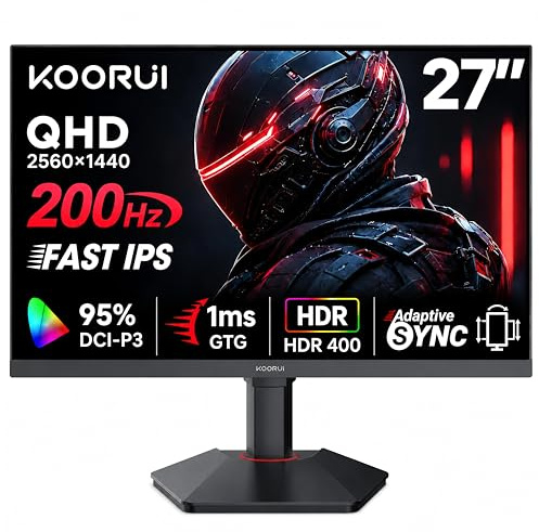 KOORUI - 27 QHD Monitor, 200Hz Monitor, 1ms, Fast IPS, HDR400, 95% DCI-P3 Color Gamut, Height/Pivot/Tilt Adjustment, Adaptive Sync Technology, HDMI Ports