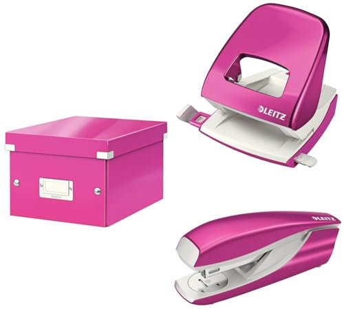 Leitz Set Click & Store Aufbewahrungsbox mit Deckel Klein mit Locher und Heftgerät für 30 Blatt, Box für Unterlagen bis A5 im Büro u. Haushalt, WOW Serie, Pink, 60430023 + 50081023 + 55021023