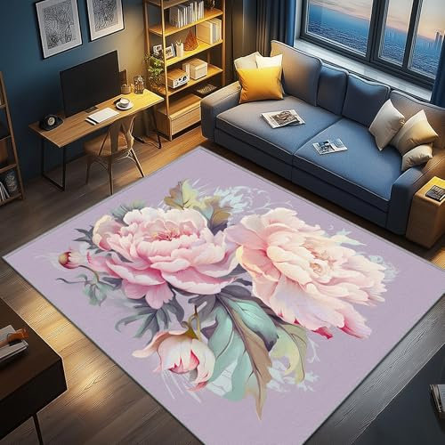 AevuCub Pfingstrosen Deko, Rosa Pfingstrose Teppich 140x200 Kurzflor, Teppich Wohnzimmer Blumen, Weich rutschfest Waschbare Teppiche, Bettvorleger Schlafzimmer Kinderzimmer
