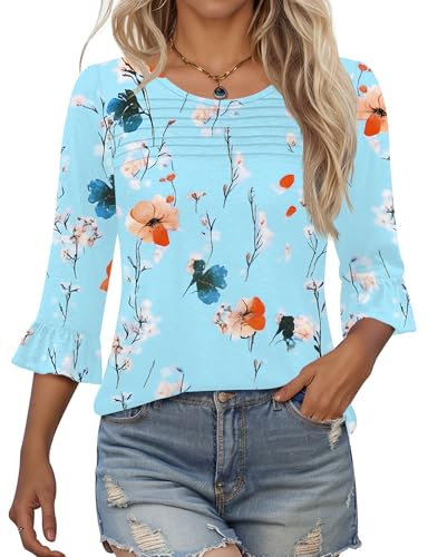 Kistore Womens Shirts Dressy Casual 3/4 Sleeve Tunic Tops for Women Loose Fit Dress Crewneck Work Blouses Flowy Cotton Tops L