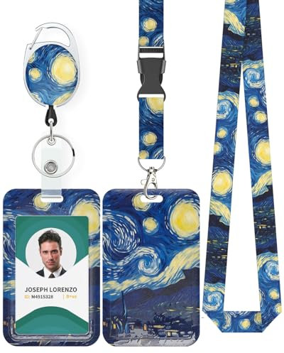 Uniclife Moderner Schiebe-Ausweishalter Van Gogh Sternennacht Plastikkartenhalter einziehbarem Ausweisband Karabinerhaken abnehmbarer Lanyard vertikaler Kartenhalter Büroangestellte Lehrer Studenten