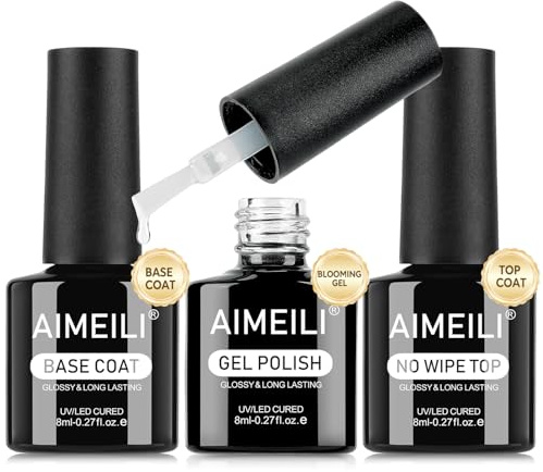 AIMEILI Unterlack und Überlack Blooming Gel Set, Base Coat Top Coat Blossom Gel Nail UV LED Soak Off Marmor Nagellack Nagelkunst für Blumendruck, Aquarell Nail Art Maniküre 3 x 8ml