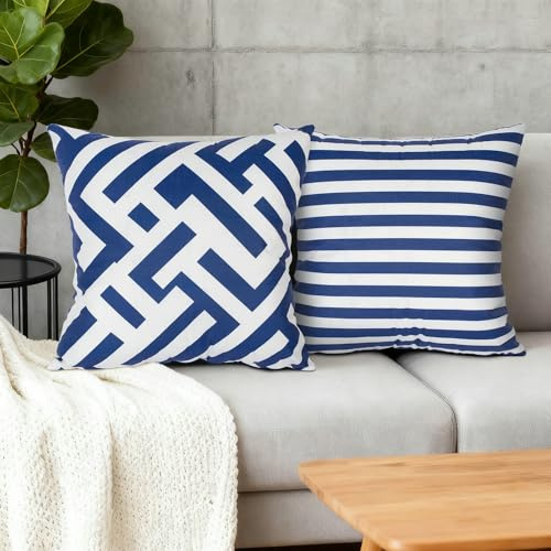 BCughia Kissenbezug 50x50 2er Set, Kissenbezüge Kurzplüsch Geometrische Muster Doppelseitig Kissenhüllen Zierkissen Outdoor Kissen Dekokissen, Blau und Weiß