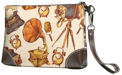 EgoMed Retro-Skizze Uhr Kamera Mikrofon,Handgelenktaschen PU-Leder Clutch Damen Reißverschluss Geldbörse Brieftasche Handtasche mit Handschlaufe