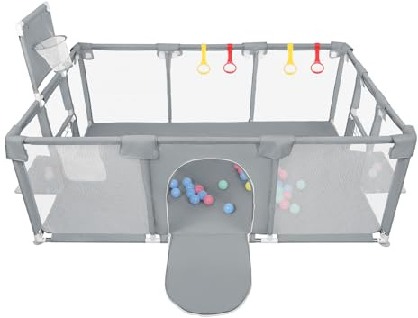 XUANYU Laufgitter für Babys, modular, Laufgitter für Kinder, 180 x 120 x 66 cm, Barriere für Babyspiele, Laufgitter aus Oxford-Stoff, 4 Griffringe, 8 Saugnäpfe, 50 Bälle und Basketballkorb (grau)