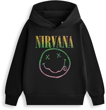 Nirvana Unisex Kids Black Hoodie | Long Sleeve Pullover with Band Print | Classic Music Themed Jumper for Casual Wear | Perfect for Everyday Outfits Merch