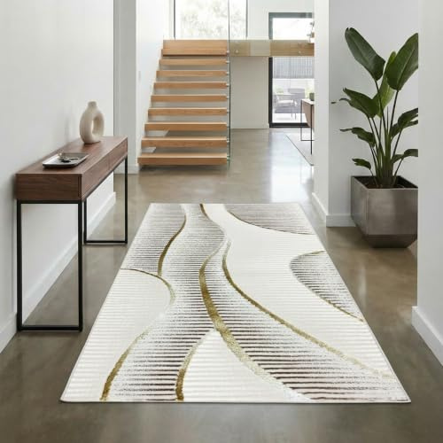 Teppich-Traum Kurzflor Teppich Wellenmuster Creme Weiß Gold 60x110 cm | Pflegeleicht, schmutzabweisend, strapazierfähig, angenehm weich, seitlich gekettelt, fußbodenheizungsgeeignet, 8 mm Flor
