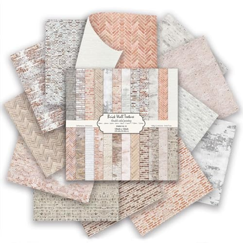 Scrapbook Papier 24 Blatt Doppelseitiges Muster Bastelpapier (Ziegel Wand) | 30.5 x 30.5cm Texture Dekorpapier, Decoupage Papier Block, Scrapbooking Papier Set für DIY Fotoalbum Journals Dekoration