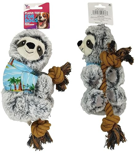 VINE PETS Set of Two Plush Sloth Dog Toy Set with Squeaker and Pull Rope, Grey Plush Material, Tropical Design, 33cm
