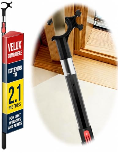 Telescopic Window Pole Rod for Roof and Blinds - Compatible with Velux Top Bar Windows and Blind Handle Bars, 1.2-2.1 Meter Adjustable Skylight Opener Rod with Non-Slip Hook and Secure Button Lock