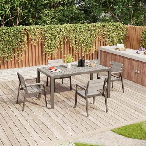 TRIUMPHKEY Aluminium Gartenmöbel 4+1, Gartenmöbel Set mit 1 150 cm PS Gartentisch und 4 Gartenstühle in Holzoptik mit Armlehnen, Wetterfeste Terrassenmöbel, Balkonmöbel, Grau