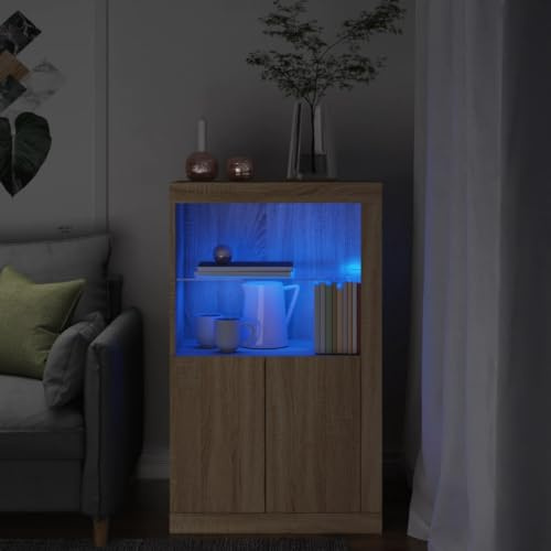 HFXHIJXQ Beistellschrank Sonoma Eiche 60,5 x 37 x 100 cm mit RGB LED Beleuchtung und Glasablage Modernes Design für Wohnzimmer Flur und Schlafzimmer