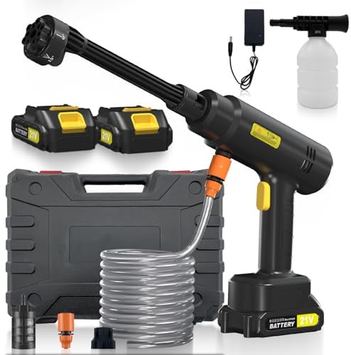 Akku Hochdruckreiniger, Tragbarer Druckreiniger Pistole, Pressure Washer mit 2xBatterien, 6-in-1 Multifunktionale Düse, 5 m Schlauch für Auto Terrassen Garten Bodenreinigung und Bewässerung