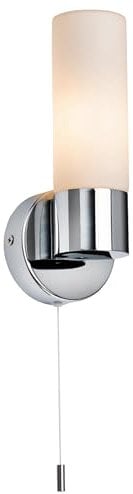 Pure Modern Chrome Plated and Frosted Glass E14 LED Compatible Bathroom Wall Light with Pull Cord IP44 Rated