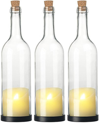 Lunartec Dekobeleuchtung: 3er-Set Deko-Glasflasche mit LED-Kerze und beweglicher Flamme, Timer (Flaschenbeleuchtung, Flaschen-Licht, Tischleuchte Batterie)