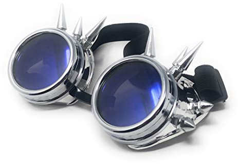 Ultra Silber mit Blauen Linsen Spike Steampunk Brille Herren Damen Cyber Brille Viktorianisch Punk Schweißen Cosplay Brille Goth Rustikale Niete Runde Brille Fliegende Brille Fancy Dress