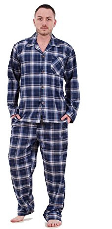 Malay Men’s Yarn Dyed Woven Pyjama Set Blue Check Long Sleeve Button Up Shirt and Trousers Cotton Blend Nightwear Sizes M to 5XL