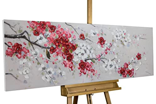 KunstLoft Leinwandbild | 100% HANDGEMALT | 150x50cm | Gemälde 'Unvergängliche Blüten' | Blüten | Rot Weiß | Wandbild Wohnzimmer