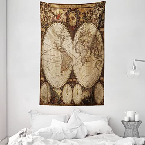 ABAKUHAUS Weltkarte Wandteppich und Tagesdecke, Historische alte Atlas aus Weiches Mikrofaser Stoff Waschbar ohne Verblassen Digitaldruck, 140 x 230 cm, Braun Beige