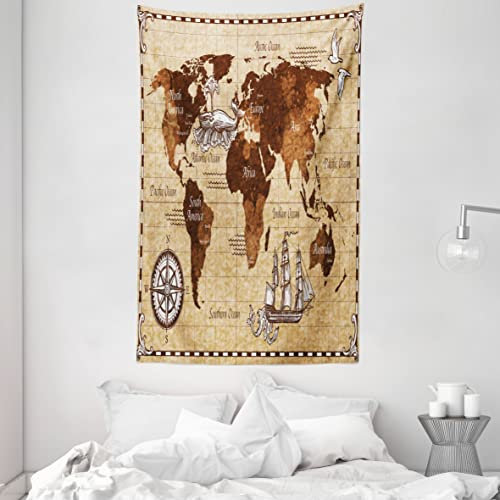 ABAKUHAUS Karte Wandteppich und Tagesdecke, Retro Skizze Weltkarte aus Weiches Mikrofaser Stoff Waschbar ohne Verblassen Digitaldruck, 140 x 230 cm, Braun Sand