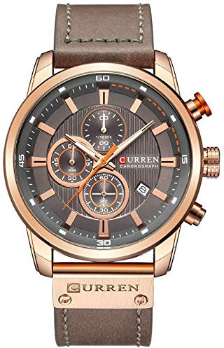 Herren-Armbanduhr mit Lederband, klassisch, lässig, Edelstahl, wasserdicht, Chronograph, Datum, analog, Quarzuhr (hellbraun), Helles Braun, Sportlich