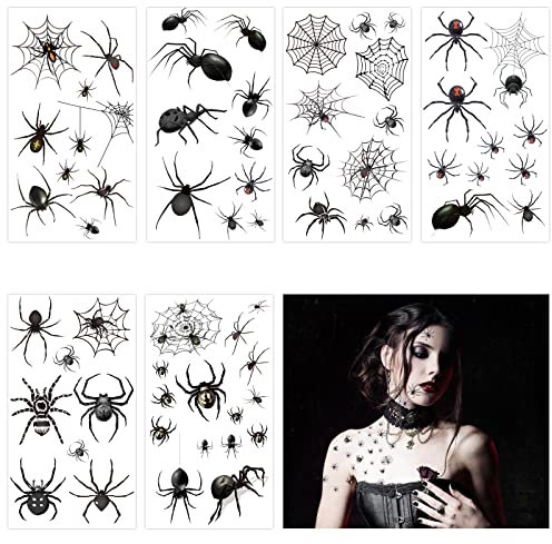 ZERHOK Temporäre Schwarz Spinnen Tattoos, 12 Blatt Schaurige Spinnweben Tattoos Kinder Klebetattoos für Halloween Masquerade Karneval Party Punk Geschenk