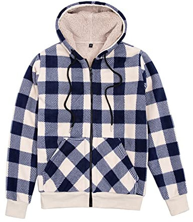 Damen Sherpa Gefüttert Reißverschluss Kapuze Plaid Shirt Jac Sweater Jacke Blau M